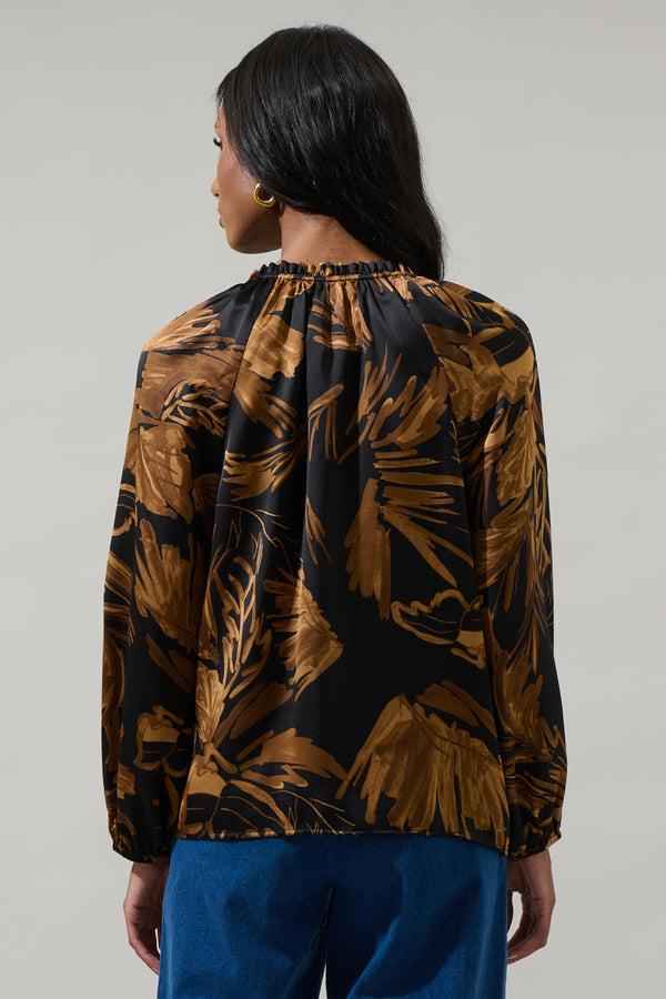 Sugarlips Palm Tropics Midnight Jovie Split Neck Satin Raglan Blouse