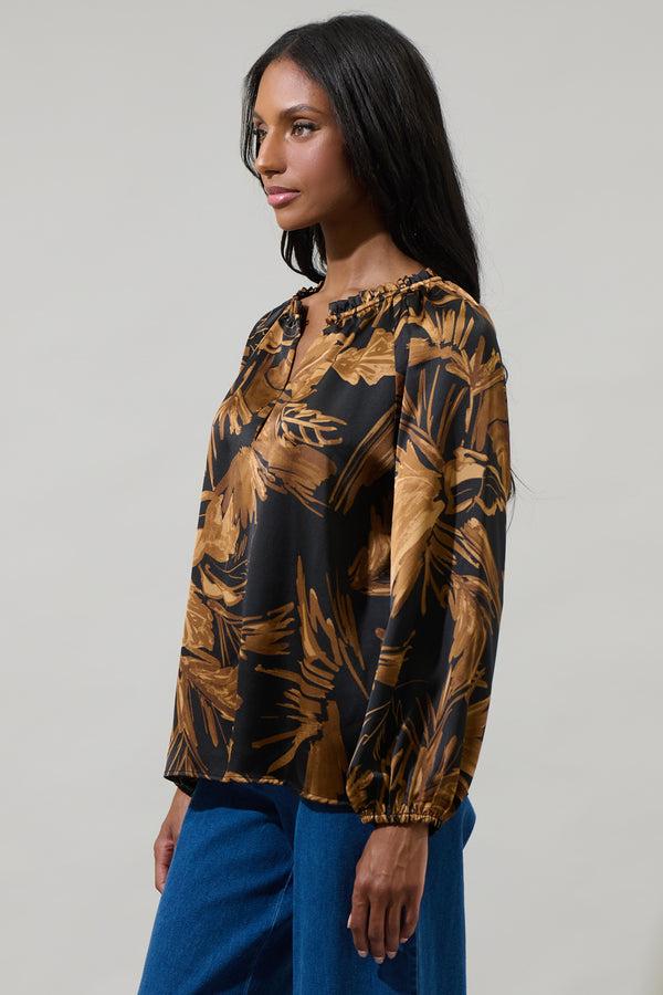 Sugarlips Palm Tropics Midnight Jovie Split Neck Satin Raglan Blouse