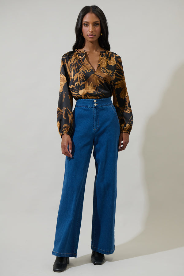 Sugarlips Palm Tropics Midnight Jovie Split Neck Satin Raglan Blouse