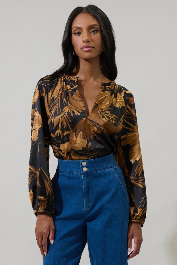 sugarlips Palm Tropics Midnight Jovie Split Neck Satin Raglan Blouse