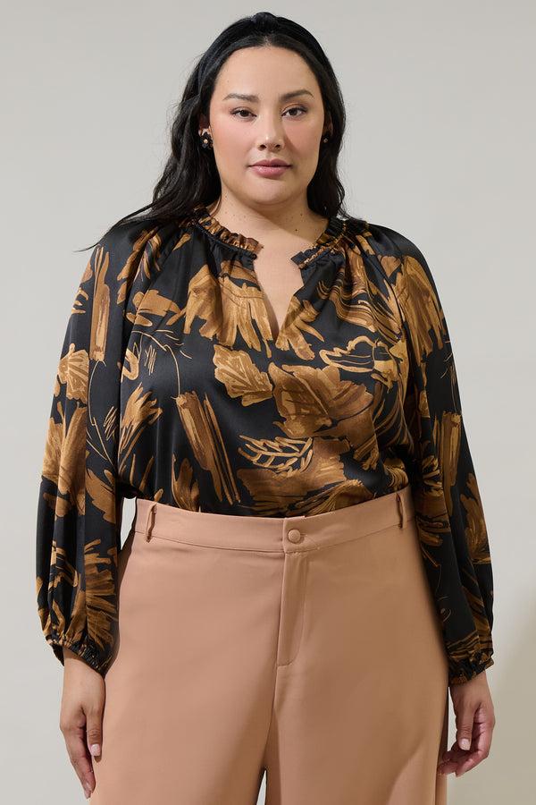 sugarlips Palm Tropics Midnight Jovie Split Neck Satin Raglan Blouse Curve