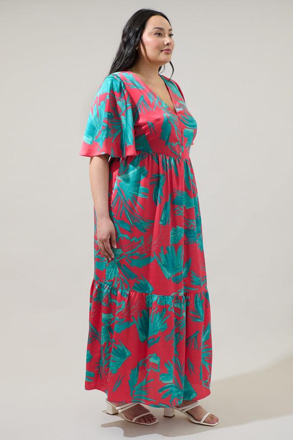 Sugarlips Palm Tropics Pismo Button Down Flutter Maxi Dress Curve