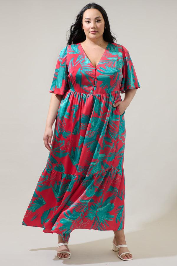 sugarlips Palm Tropics Pismo Button Down Flutter Maxi Dress Curve