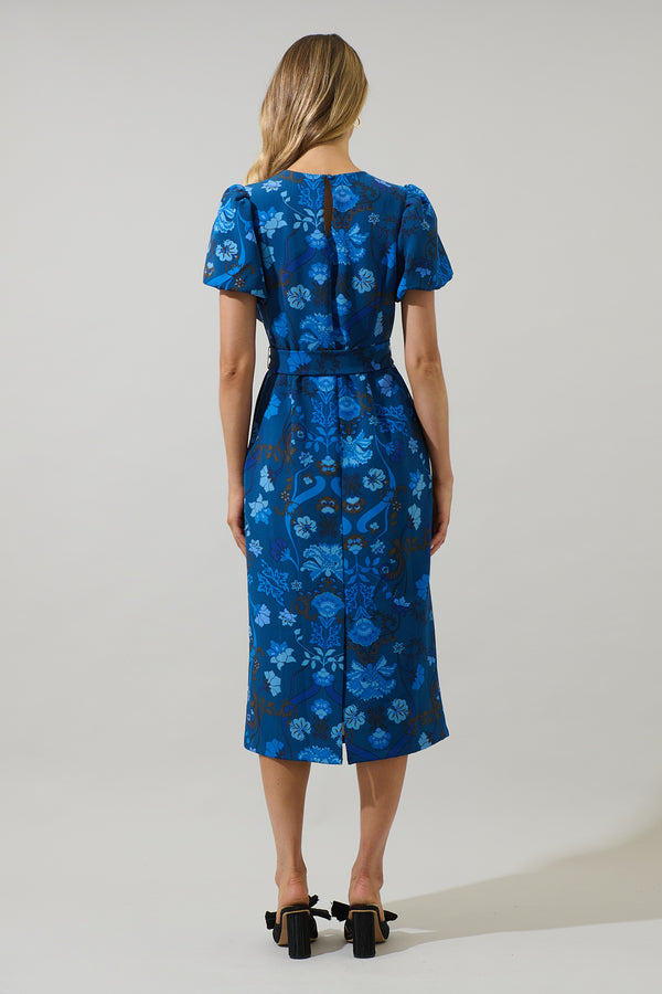 Sugarlips Palmate Floral Senidy Puff Sleeve Midi Dress