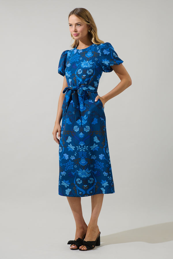 Sugarlips Palmate Floral Senidy Puff Sleeve Midi Dress