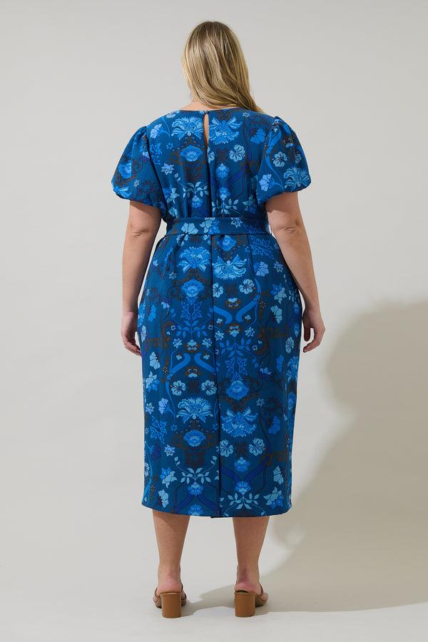 Sugarlips Palmate Floral Senidy Puff Sleeve Midi Dress Curve