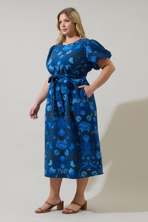 Sugarlips Palmate Floral Senidy Puff Sleeve Midi Dress Curve