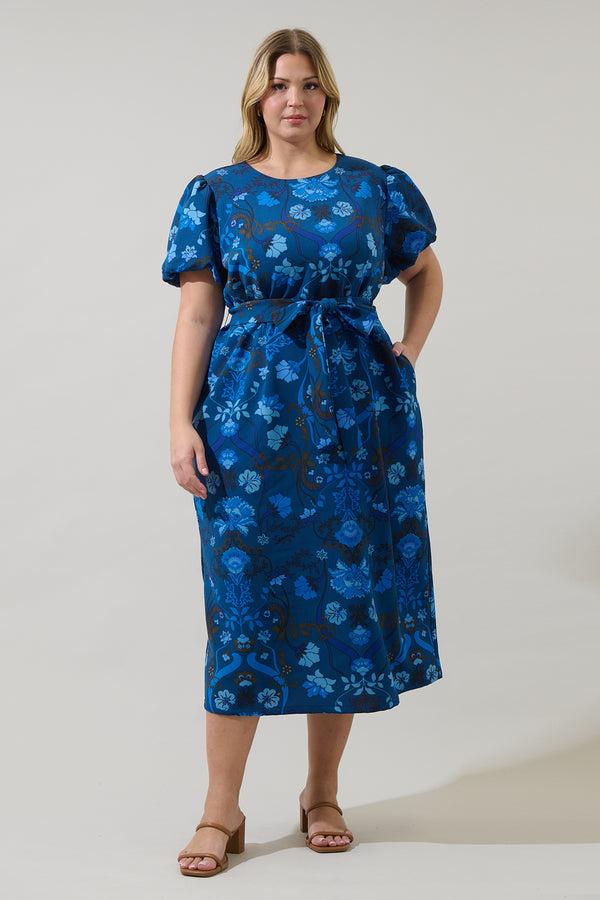 sugarlips Palmate Floral Senidy Puff Sleeve Midi Dress Curve