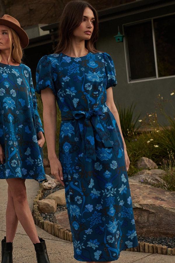 sugarlips Palmate Floral Senidy Puff Sleeve Midi Dress