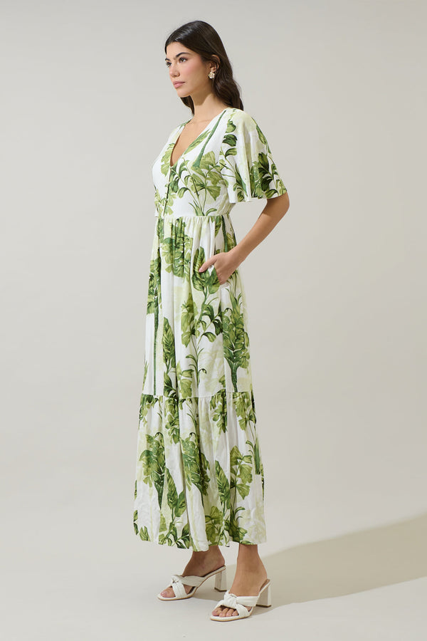 Sugarlips Palmet Tropical Evianna Flutter Maxi Dress