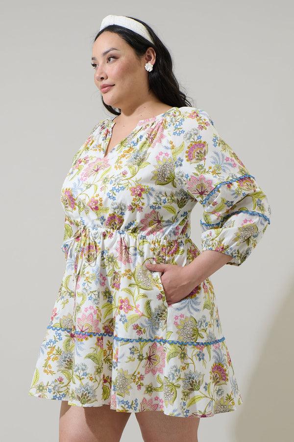 Sugarlips Pany Floral Dabria Split Neck Mini Dress Curve