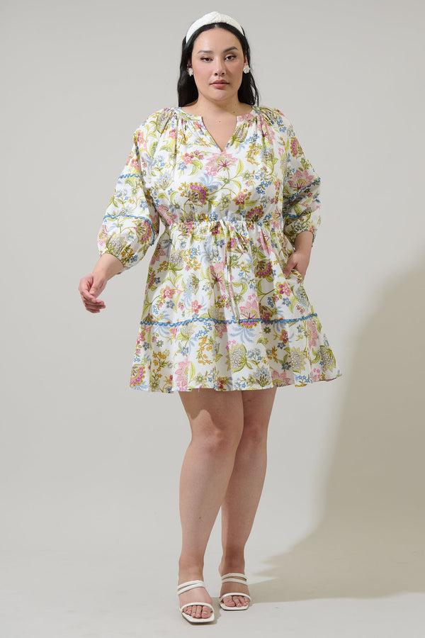 Sugarlips Pany Floral Dabria Split Neck Mini Dress Curve