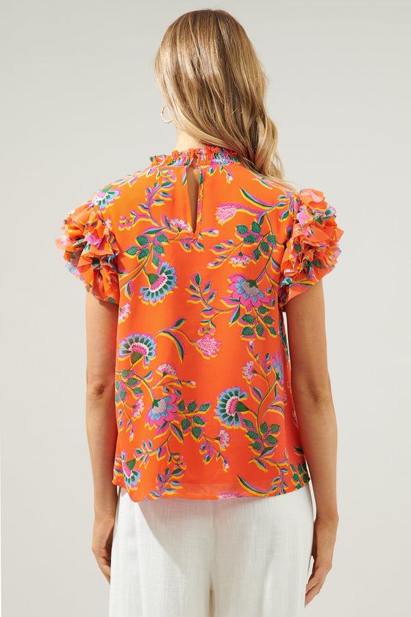 Sugarlips Papaya Floral Brenna Mock Neck Ruffle Blouse