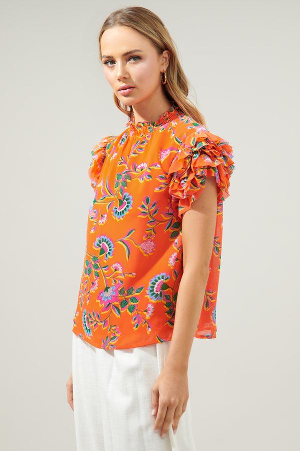 Sugarlips Papaya Floral Brenna Mock Neck Ruffle Blouse