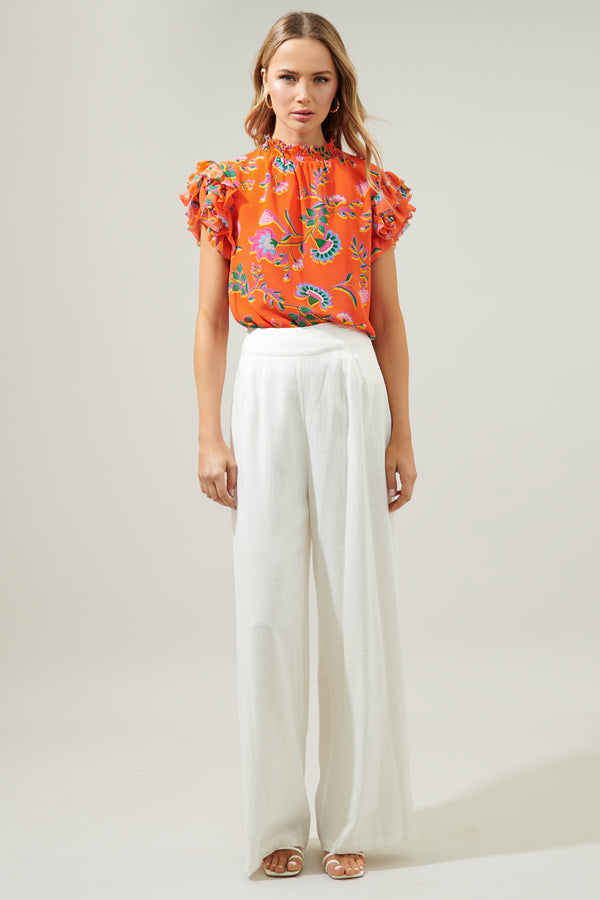 Sugarlips Papaya Floral Brenna Mock Neck Ruffle Blouse