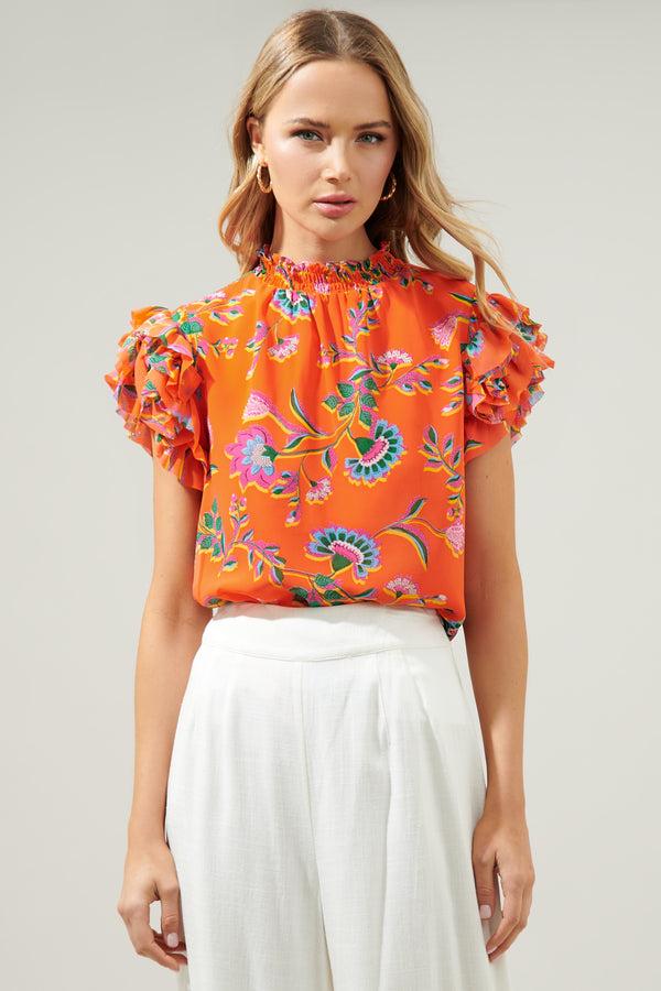 sugarlips Papaya Floral Brenna Mock Neck Ruffle Blouse