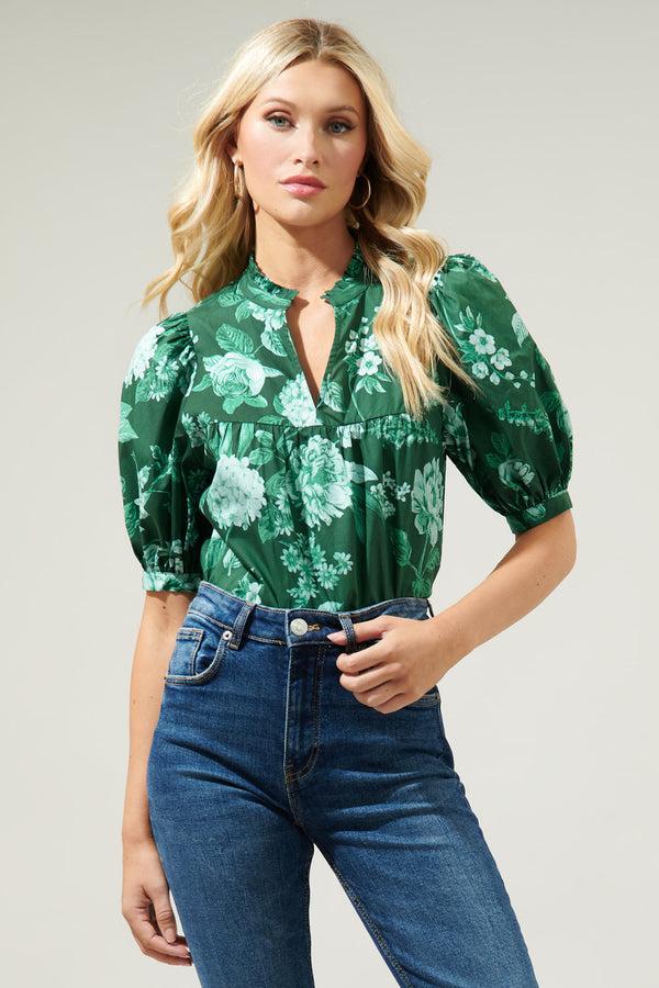sugarlips Pascal Floral Delano Ruffle Split Neck Blouse