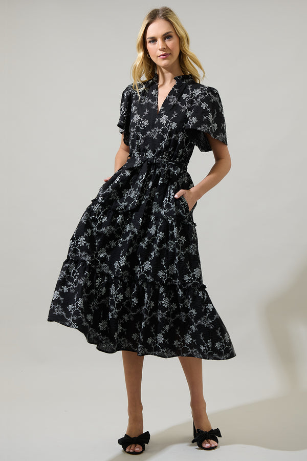Sugarlips Patricia Floral Noelle Split Neck Poplin Tiered Midi Dress