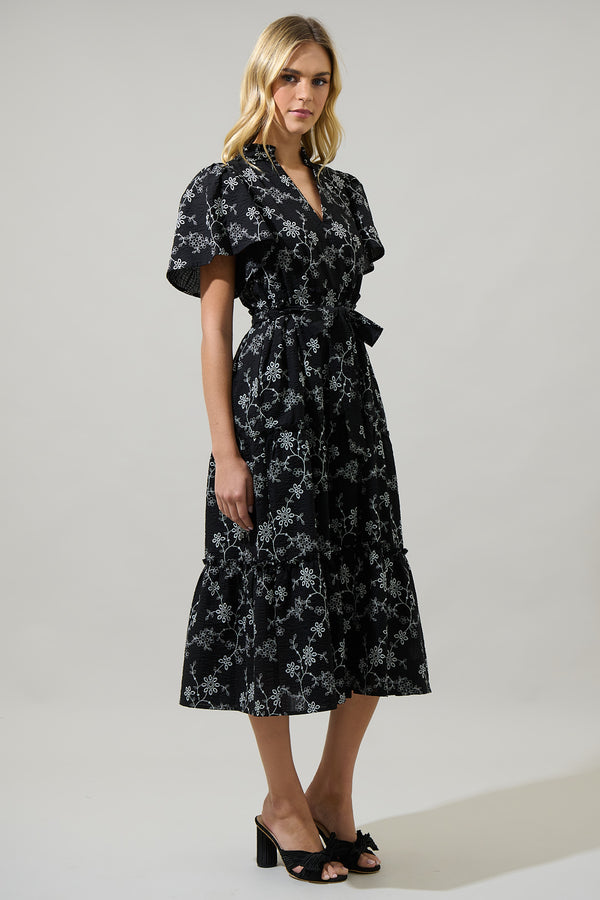 Sugarlips Patricia Floral Noelle Split Neck Poplin Tiered Midi Dress