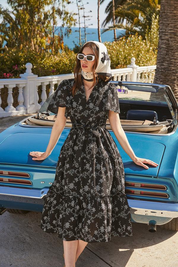 sugarlips Patricia Floral Noelle Split Neck Poplin Tiered Midi Dress