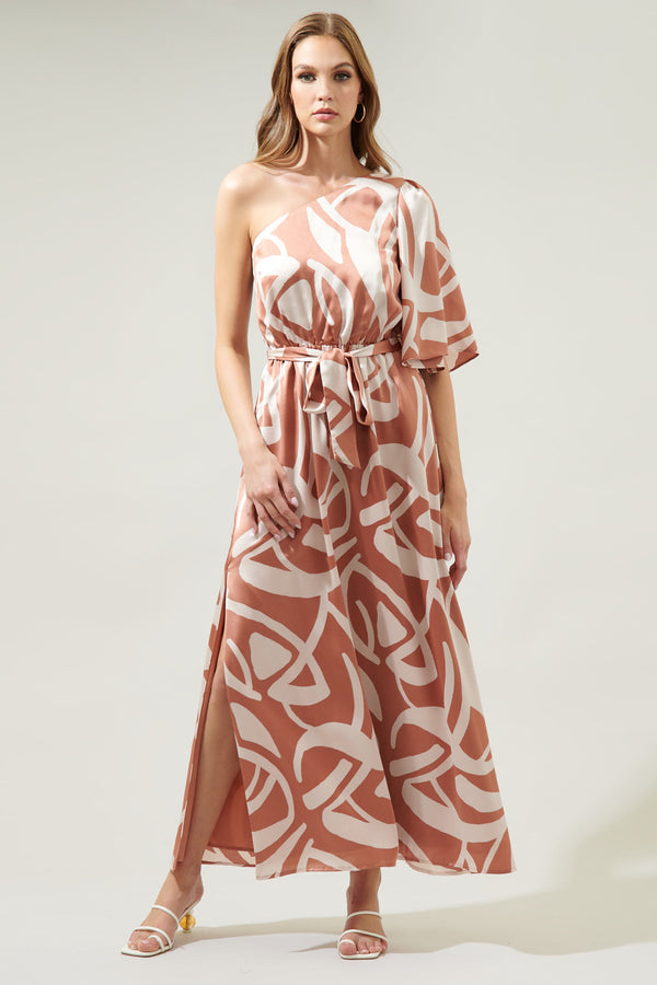 Sugarlips Peachy Keen Abstract Meara One Shoulder Satin Maxi Dress