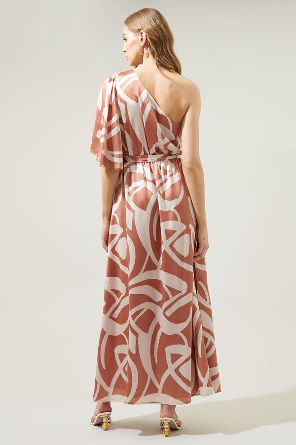 Sugarlips Peachy Keen Abstract Meara One Shoulder Satin Maxi Dress
