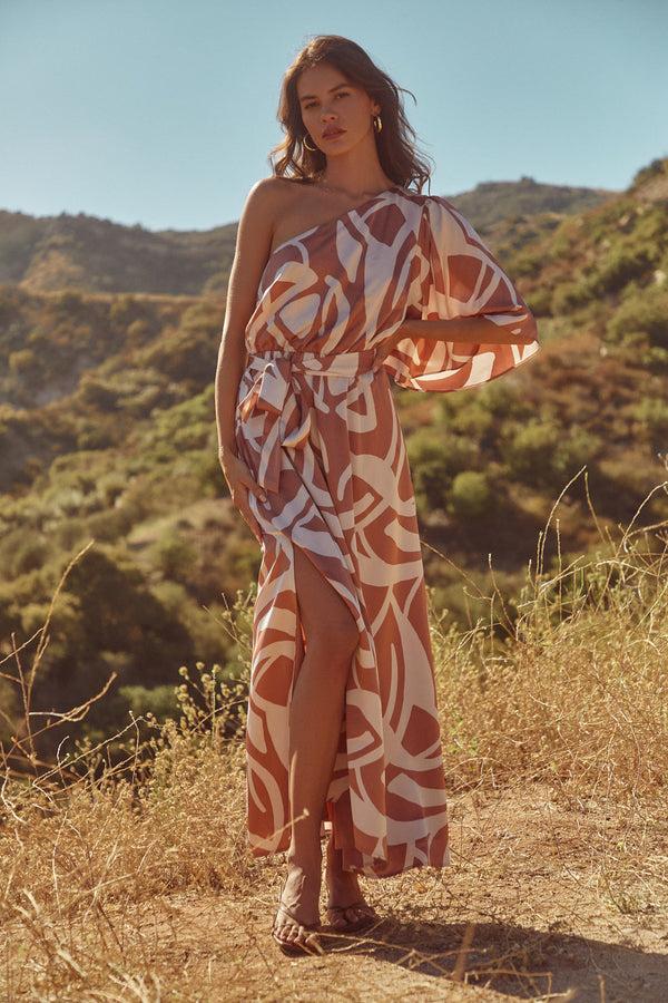 sugarlips Peachy Keen Abstract Meara One Shoulder Satin Maxi Dress