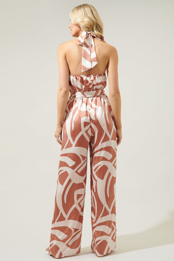 Sugarlips Peachy Keen Abstract Villanueva Satin Halter Jumpsuit