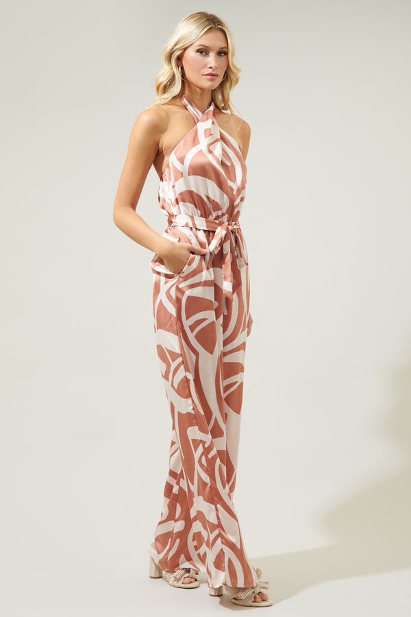 Sugarlips Peachy Keen Abstract Villanueva Satin Halter Jumpsuit