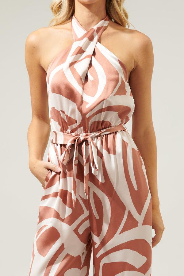 Sugarlips Peachy Keen Abstract Villanueva Satin Halter Jumpsuit