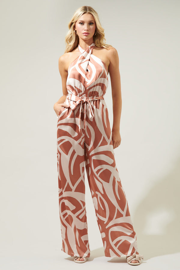 sugarlips Peachy Keen Abstract Villanueva Satin Halter Jumpsuit
