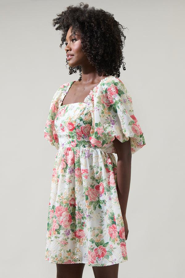 Sugarlips Peony Floral Eyelet Sonora Bubble Sleeve Babydoll Dress