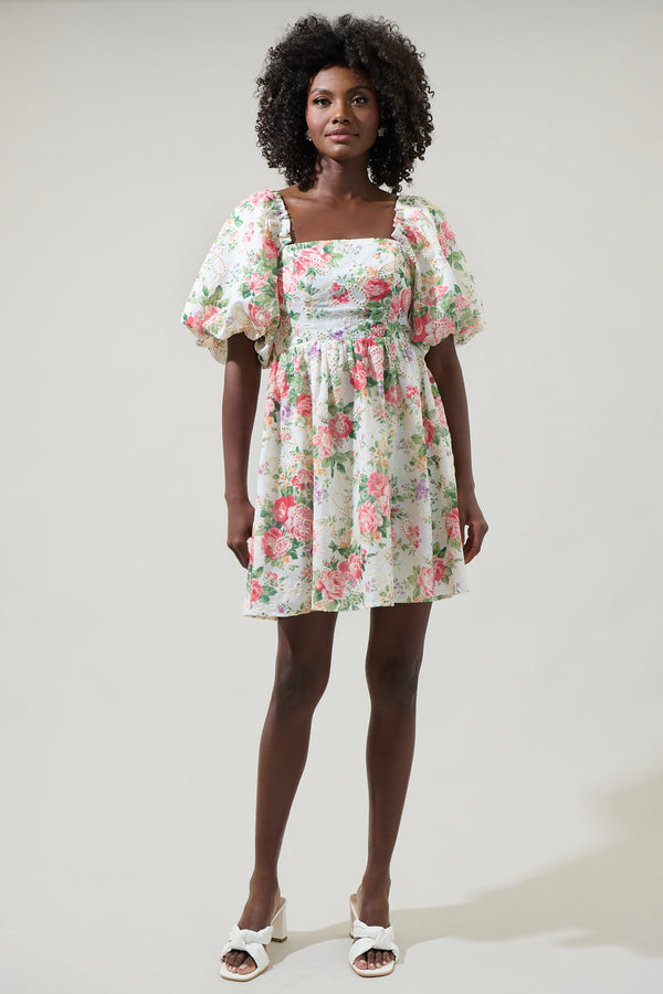 Sugarlips Peony Floral Eyelet Sonora Bubble Sleeve Babydoll Dress