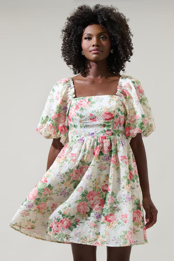 sugarlips Peony Floral Eyelet Sonora Bubble Sleeve Babydoll Dress