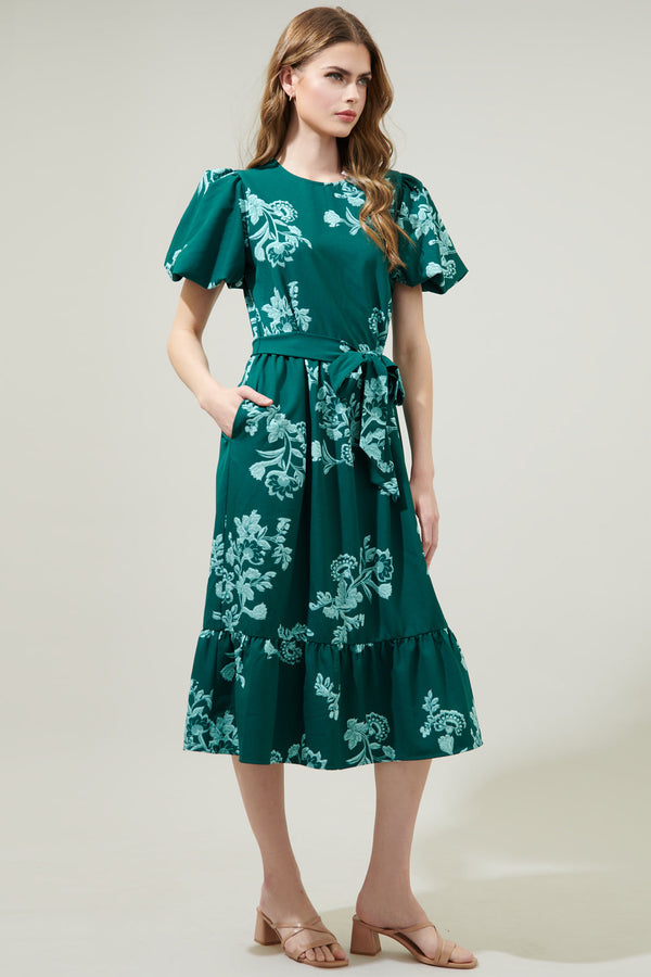 Sugarlips Piney Jacobean Palomino Bubble Sleeve Midi Dress