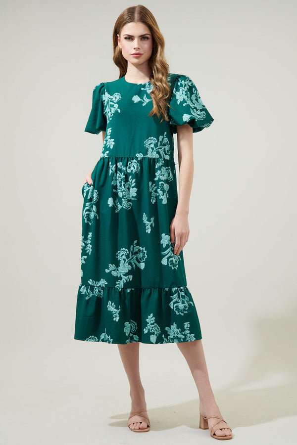 Sugarlips Piney Jacobean Palomino Bubble Sleeve Midi Dress