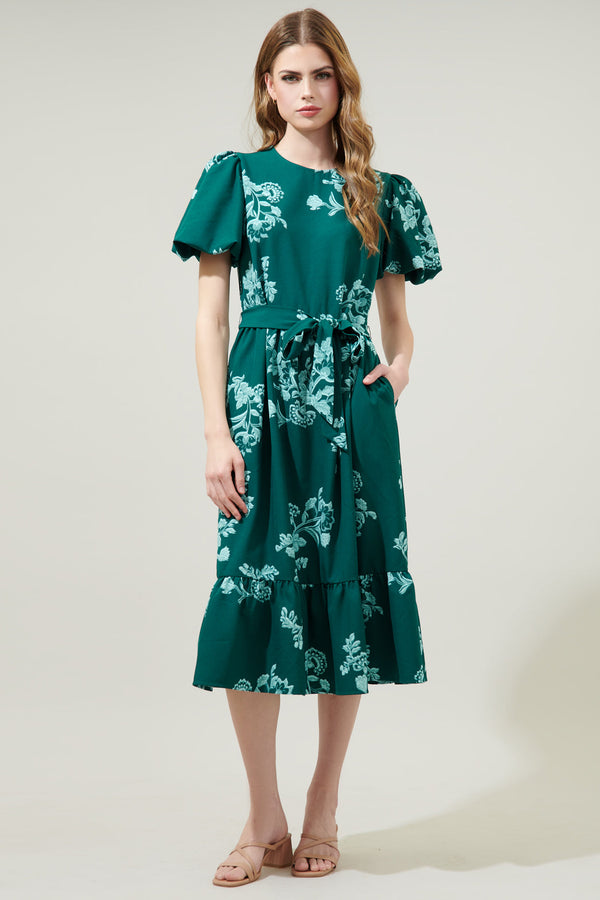 sugarlips Piney Jacobean Palomino Bubble Sleeve Midi Dress