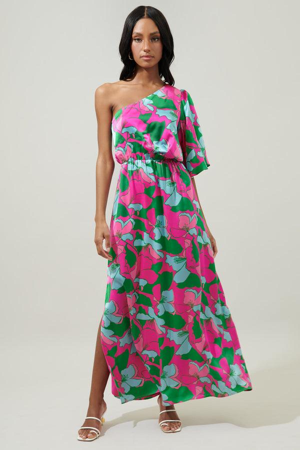 Sugarlips Pitaya Berry Meara One Shoulder Satin Maxi Dress
