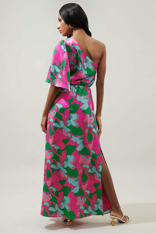 Sugarlips Pitaya Berry Meara One Shoulder Satin Maxi Dress