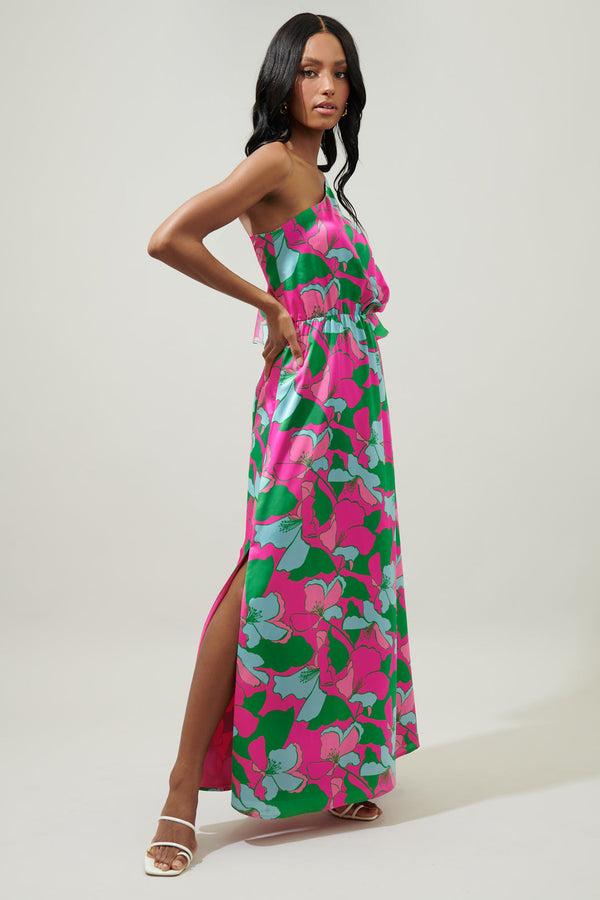 Sugarlips Pitaya Berry Meara One Shoulder Satin Maxi Dress