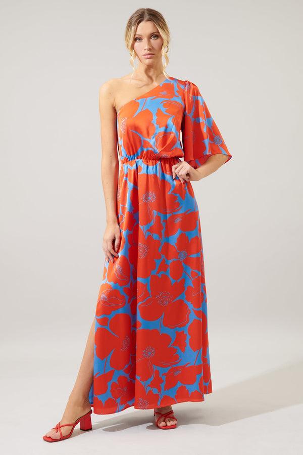 Sugarlips Poppy Floral Meara One Shoulder Satin Maxi Dress