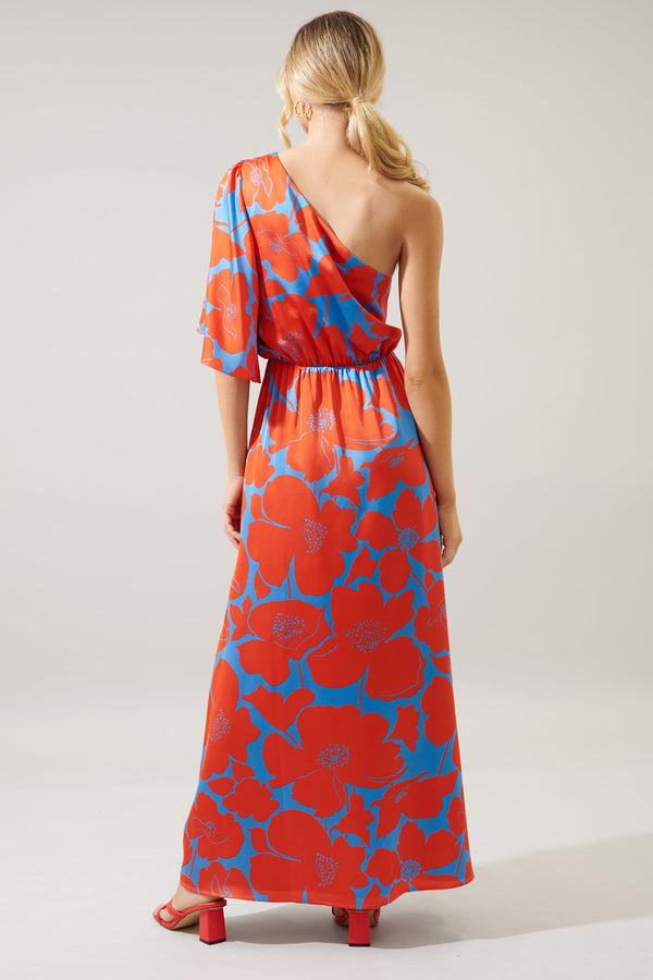 Sugarlips Poppy Floral Meara One Shoulder Satin Maxi Dress