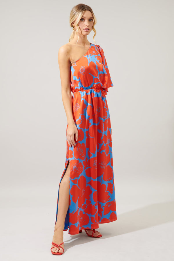 Sugarlips Poppy Floral Meara One Shoulder Satin Maxi Dress