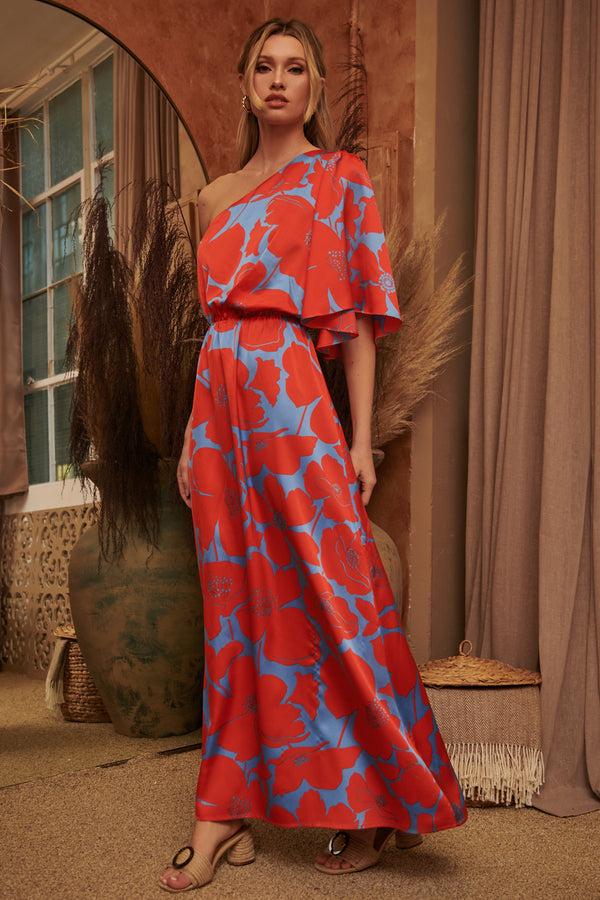 sugarlips Poppy Floral Meara One Shoulder Satin Maxi Dress