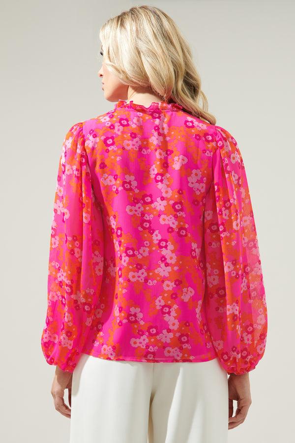 Sugarlips Poppy Punch Hathaway Split Neck Long Sleeve Blouse