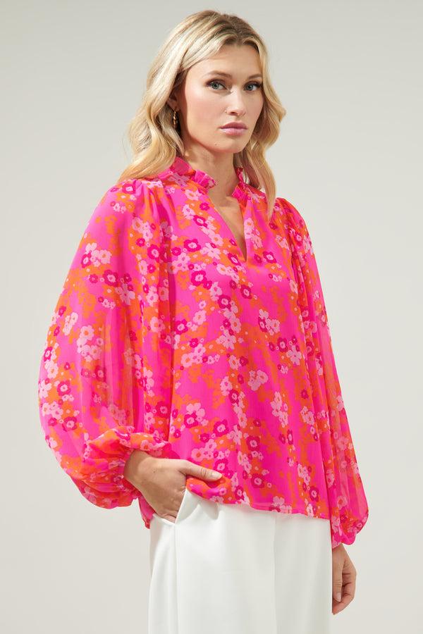 Sugarlips Poppy Punch Hathaway Split Neck Long Sleeve Blouse
