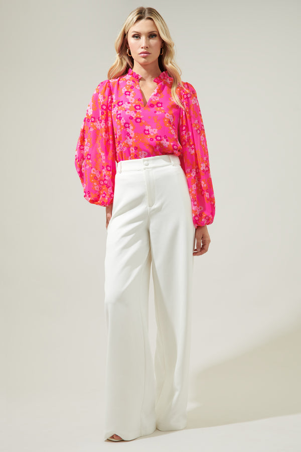 Sugarlips Poppy Punch Hathaway Split Neck Long Sleeve Blouse