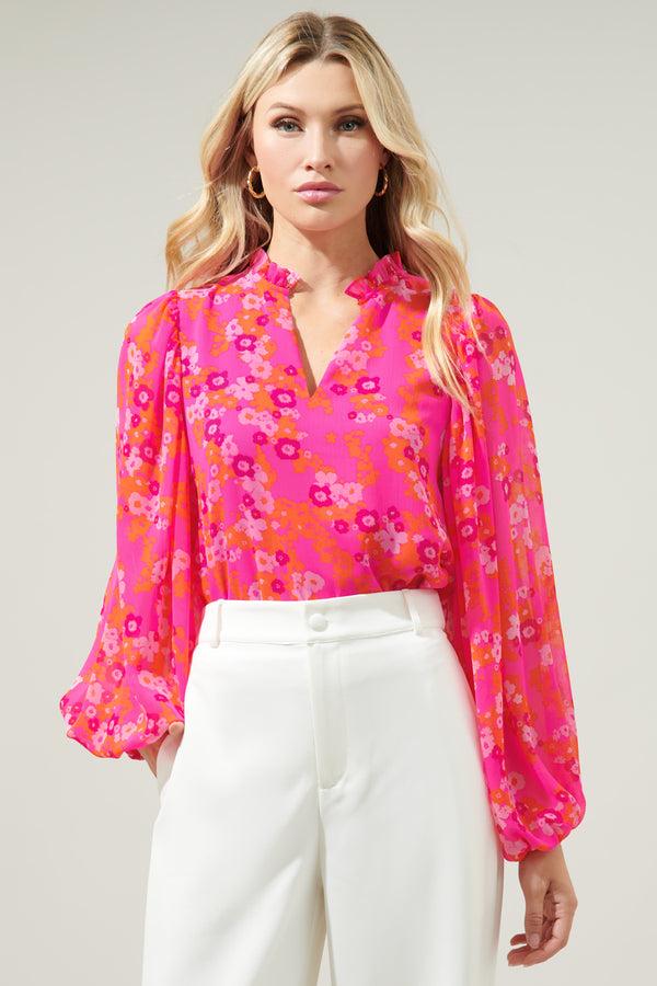 sugarlips Poppy Punch Hathaway Split Neck Long Sleeve Blouse