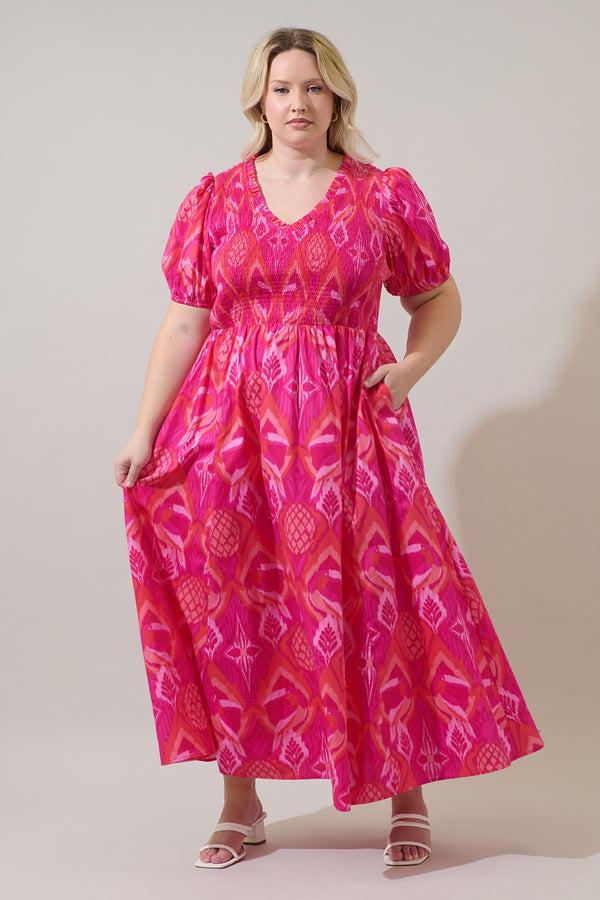 sugarlips Prissa Ikat Brenty Smocked Midi Dress Curve