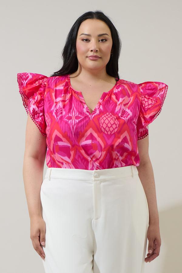 sugarlips Prissa Ikat Carya Ruffle Poplin Top Curve